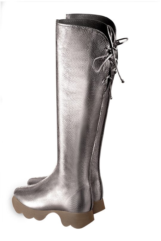 Ash grey women's knee-high boots, with laces at the back. Round toe. Low rubber soles. Made to measure. Rear view - Florence KOOIJMAN